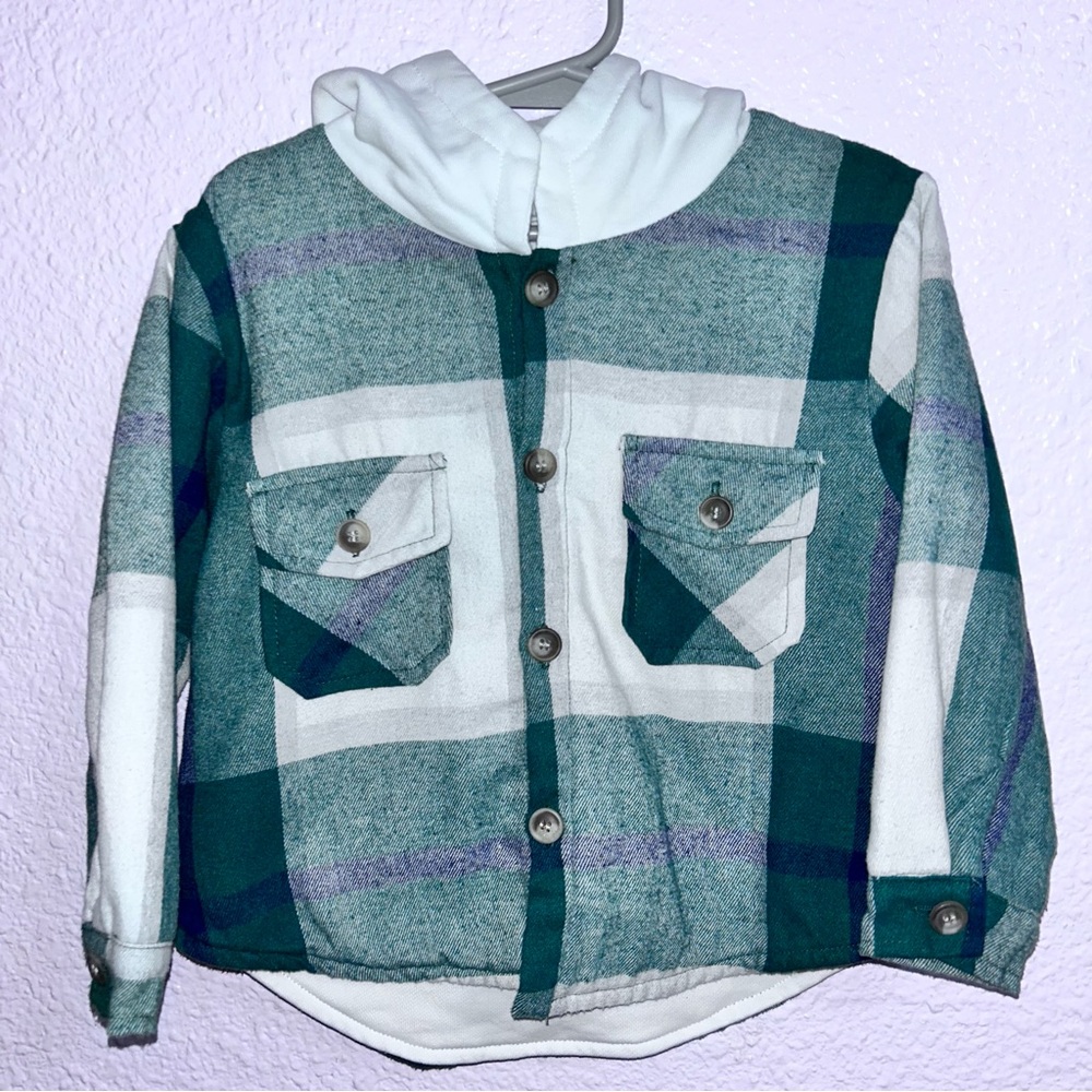 Kids Green Plaid Hooded Button-Down Shirt Jacket